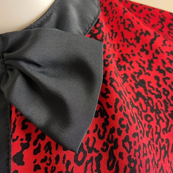 Vintage 80s Red Leopard Bow Secretary Midi Dress Pleated M Medium 1980s - Picture 9 of 10